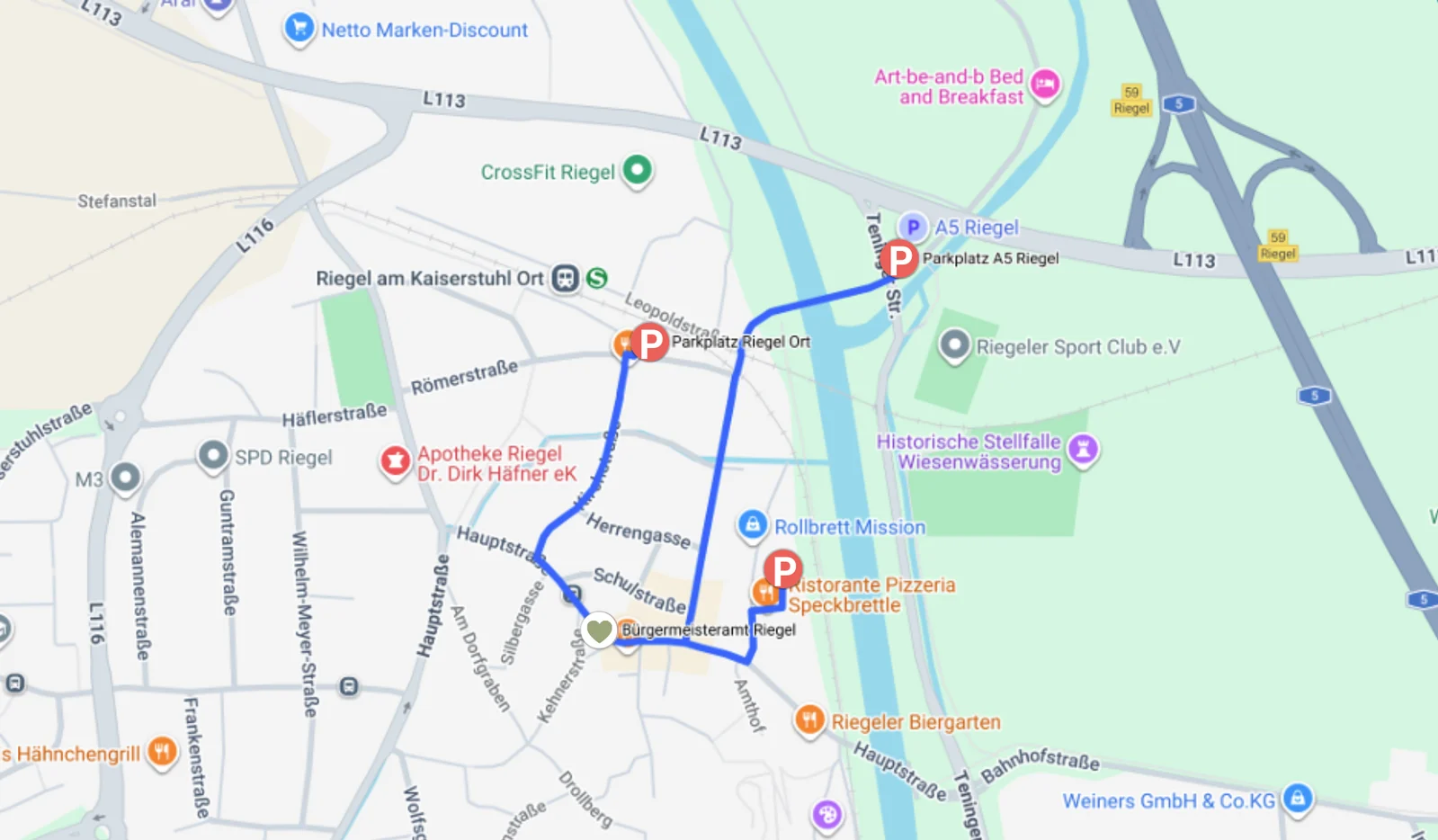 Karte mit Parkplätzen und Fußweg zum Bürgermeisteramt Riegel